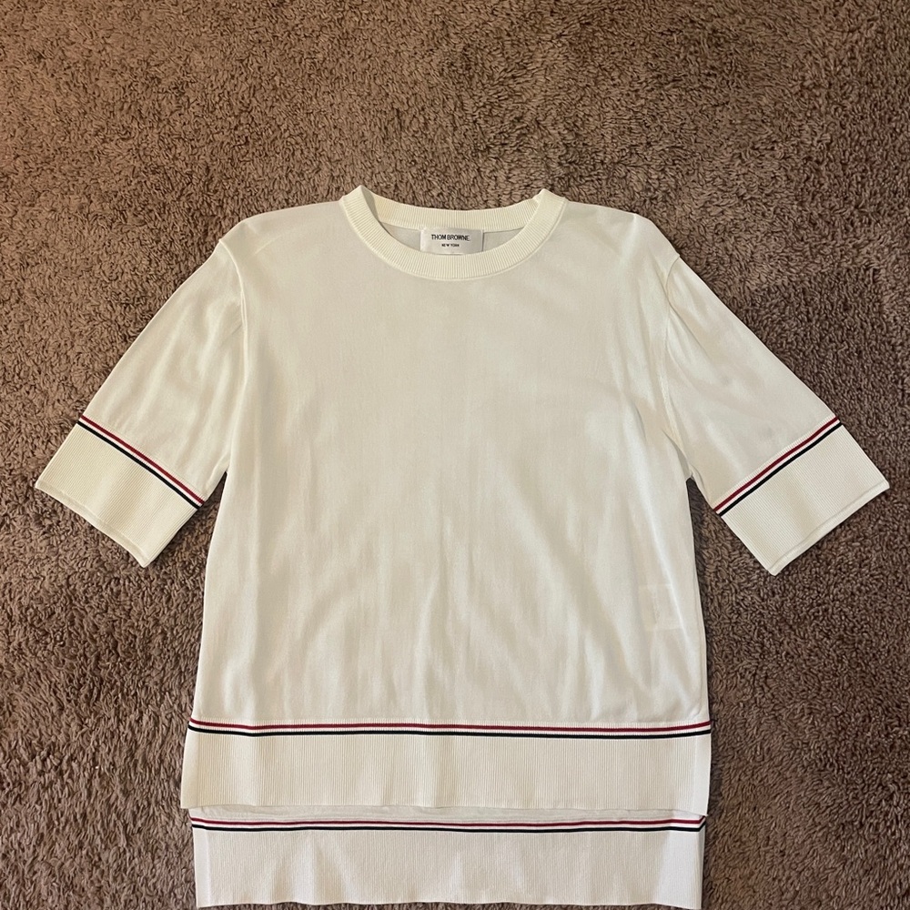 Thom Browne Women White Short Sleeve Top with Striped Accents
